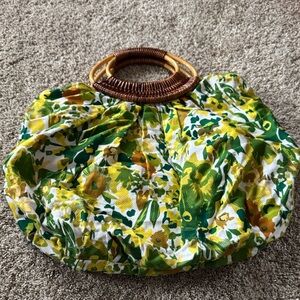 Floral Green and Yellow Handbag with Bamboo Handles
